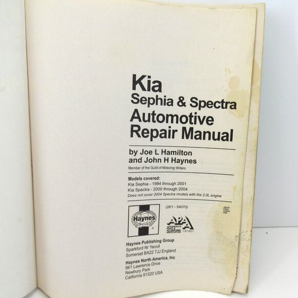 Haynes 54070 Kia Sephia & Spectra 1994 - 2004 1.6L & 1.8L Models Repair Manual - Picture 6 of 9